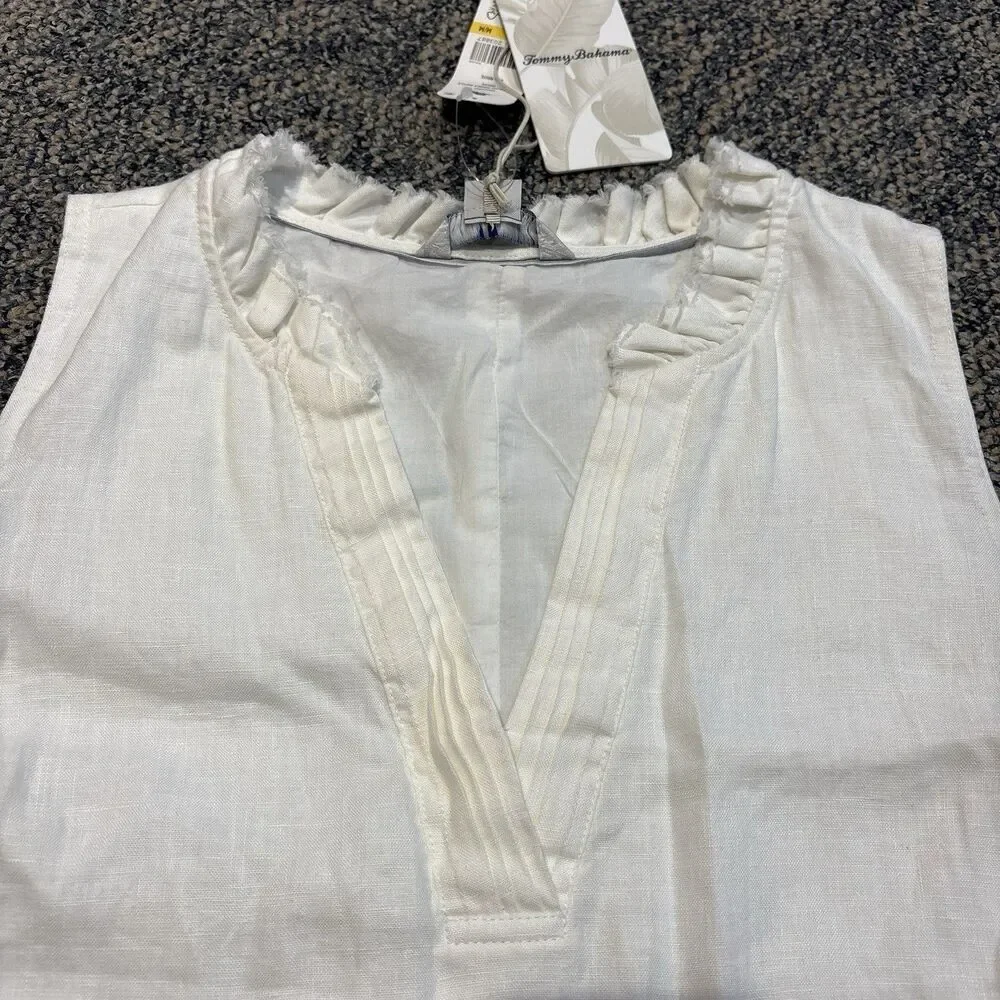 Tommy Bahama Two Palms Double Ruffle Dress Linen In White New Size Medium - Picture 7 of 8